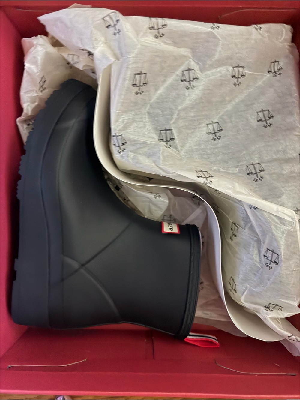 Hunter Black Short Rain Boots with Red Pull Tab